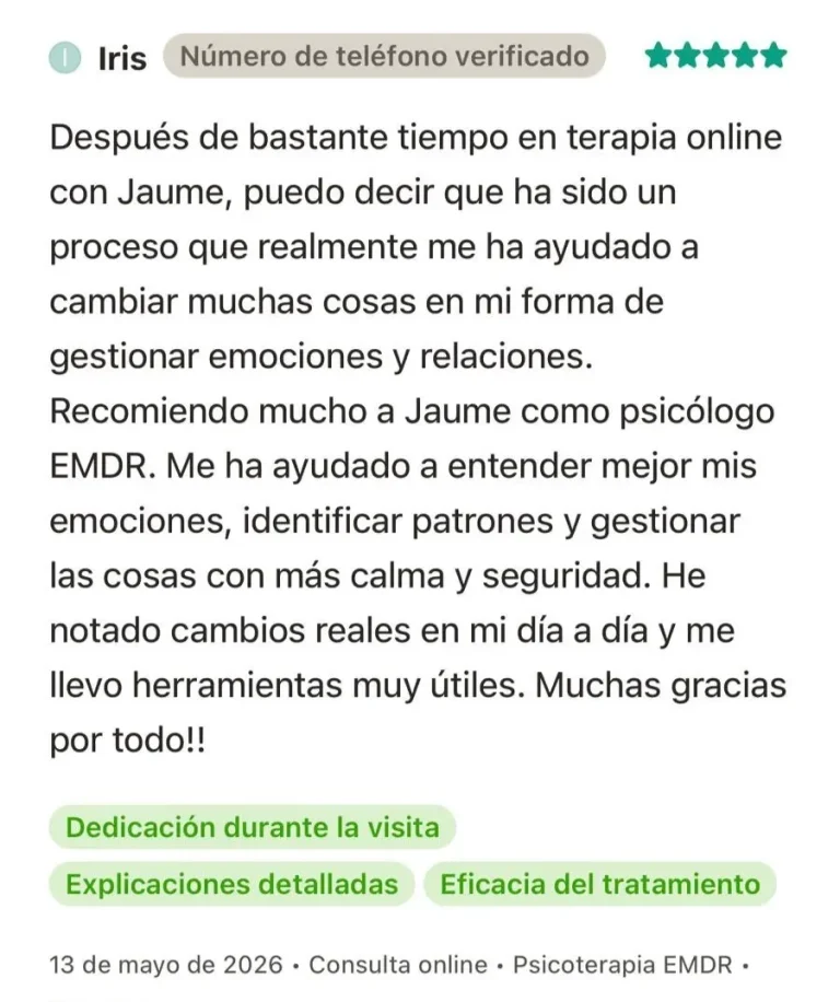 Reseña sobre terapia EMDR online y cambios en emociones y patrones relacionales